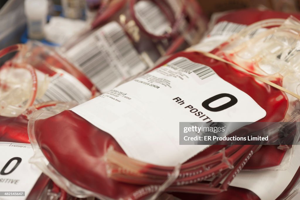 Pouches of donated blood in hospital