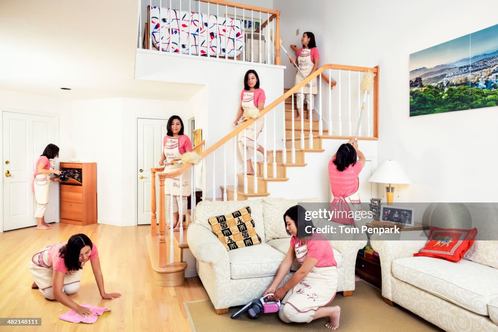 Chinese woman cleaning house