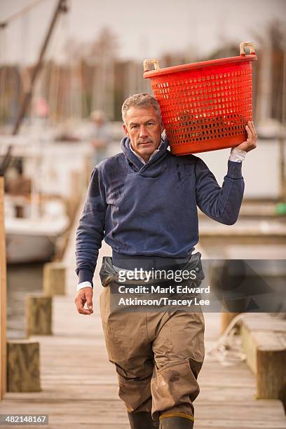 caucasian fisherman carrying basket on dock - grey hair stock pictures, royalty-free photos & images