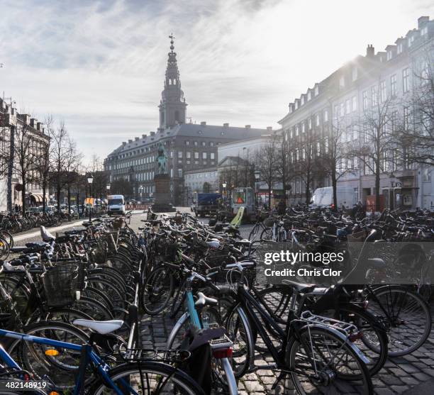 bicycle parking on city street, copenhagen, denmark - copenhagen park stock pictures, royalty-free photos & images