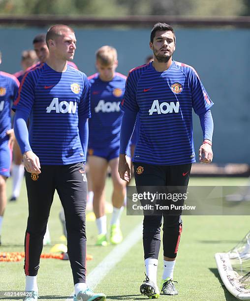 Sam Johnstone and Sergio Romero of Manchester United in action during a first team training session as part of their pre-season tour of the USA at...