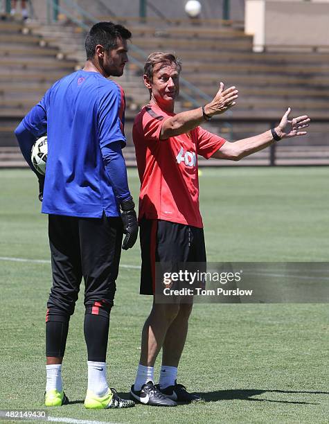 Sergio Romero and Goalkeeping coach Frans Hoek of Manchester United in action during a first team training session as part of their pre-season tour...