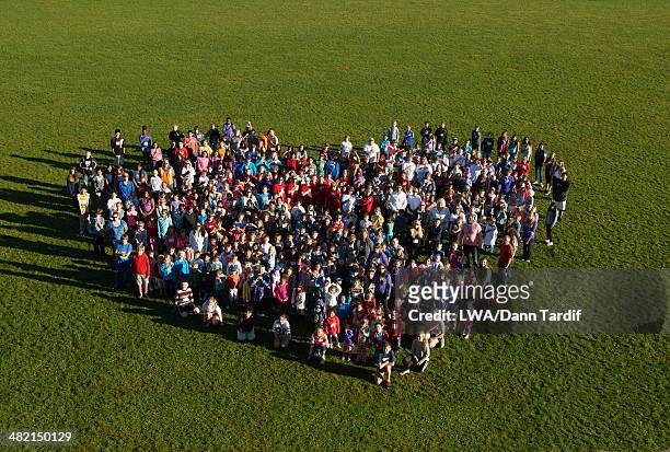 people forming heart-shape in park - hearth day fotografías e imágenes de stock
