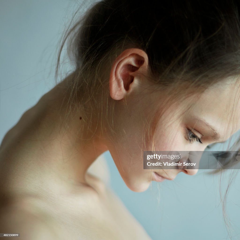 Caucasian woman looking down