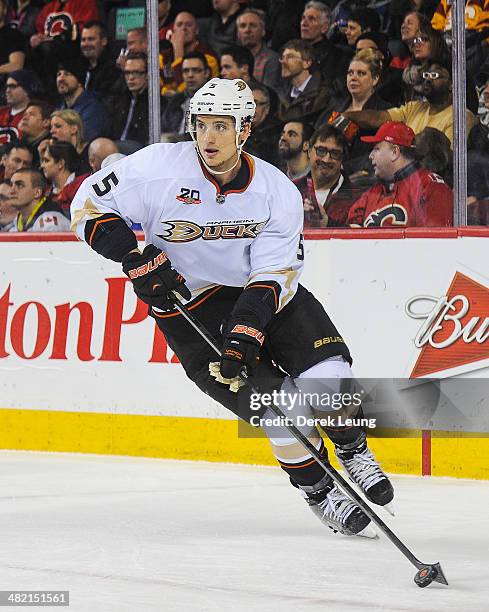 Luca Sbisa of the Anaheim Ducks in action against the Calgary Flames during an NHL game at Scotiabank Saddledome on March 26, 2014 in Calgary,...