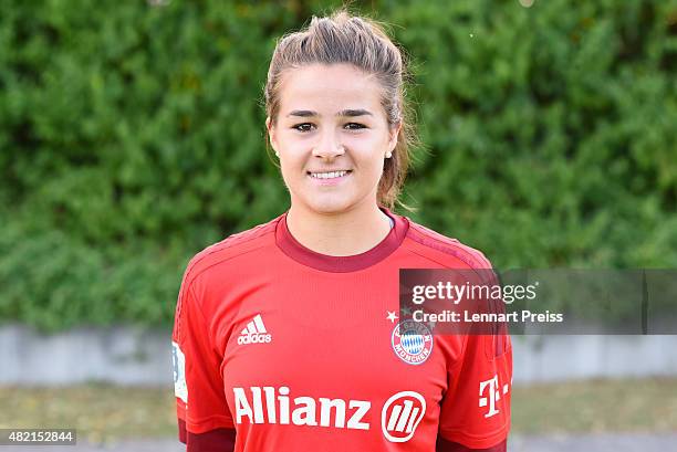 Lena Lotzen poses during the team presentation of the FC Bayern Muenchen women's team on July 27, 2015 in Munich, Germany.