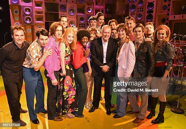 Sir Geoff Hurst poses onstage with cast members following a performance of "Sunny Afternoon" at Harold Pinter Theatre on July 27, 2015 in London,...