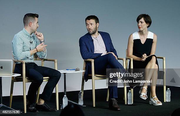 Moderator Charles Thorp, Joel Edgerton and Rebecca Hall speak during the meet the filmmaker series, "The Gift" at the Apple Store Soho on July 27,...