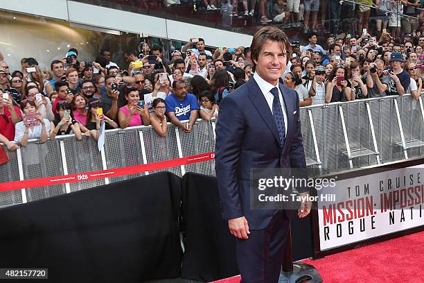 Actor Tom Cruise attends the "Mission Impossible: Rogue Nation" New York premiere at Duffy Square in Times Square on July 27, 2015 in New York City.