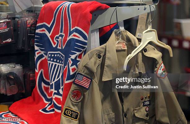 The Boy Scout logo and a uniform are displayed in a store at the Marin Council of the Boy Scouts of America on July 27, 2015 in San Rafael,...