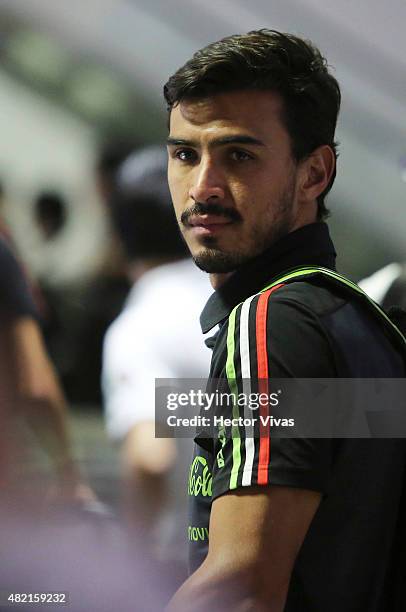 Oswaldo Alanis of Mexico's national team arrives at Internacional Benito Juarez Airport after winning the 2015 CONCACAF Gold Cup on July 27, 2015 in...