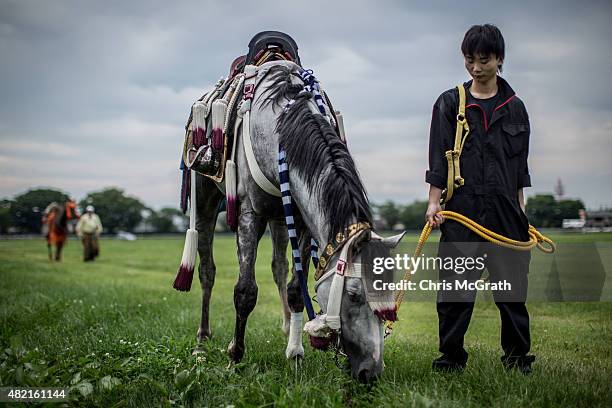 Man tends to a horse while waiting for competition to start during the Soma Nomaoi festival at Hibarigahara field on July 25, 2015 in Minamisoma,...