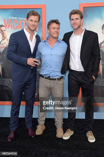 Actors Chris Hemsworth, Luke Hemsworth and Liam Hemsworth attend the premiere of Warner Bros. "Vacation" at Regency Village Theatre on July 27, 2015...
