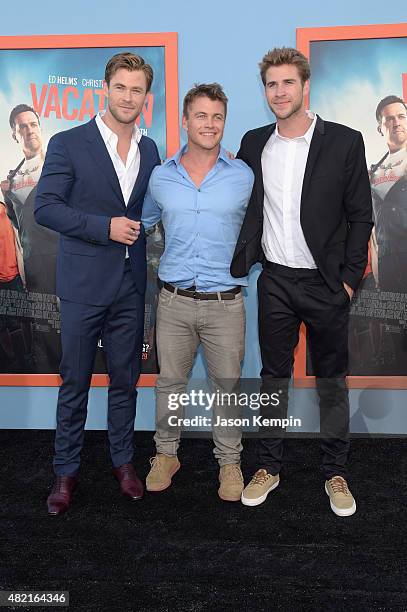 Actors Chris Hemsworth, Luke Hemsworth and Liam Hemsworth attend the premiere of Warner Bros. "Vacation" at Regency Village Theatre on July 27, 2015...