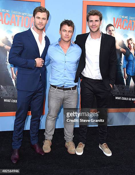 Chris Hemsworth, Luke Hemsworth and Liam Hemsworth arrives at the Premiere Of Warner Bros. "Vacation" at Regency Village Theatre on July 27, 2015 in...