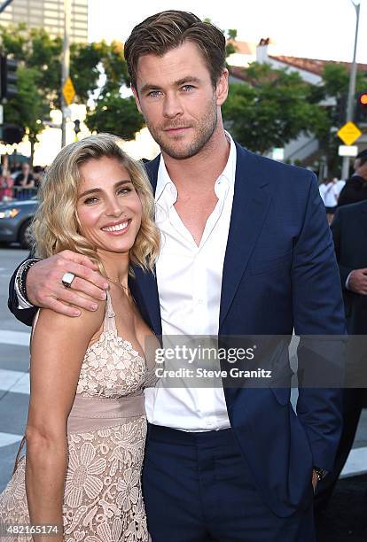 Elsa Pataky and Chris Hemsworth arrives at the Premiere Of Warner Bros. "Vacation" at Regency Village Theatre on July 27, 2015 in Westwood,...