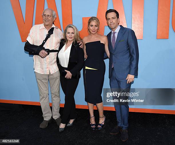 Actors Chevy Chase, Beverly D'Angelo, Christina Applegate and Ed Helms attend the premiere of Warner Bros. Pictures "Vacation" at Regency Village...