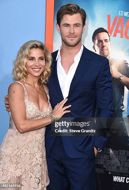 Elsa Pataky and Chris Hemsworth arrives at the Premiere Of Warner Bros. "Vacation" at Regency Village Theatre on July 27, 2015 in Westwood,...