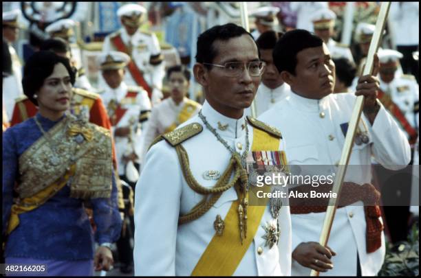 King Bhumibol Adulyadej of Thailand and Queen Sirikit seen during the 180th Commemoration of the Birth of King Mongkut who is acknowledged as the...
