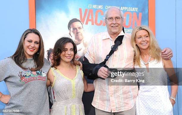 Emily Evelyn Chase, Caley Leigh Chase, Actor Chevy Chase and wife Jayni Chase arrive at the Premiere Of Warner Bros. 'Vacation' at Regency Village...