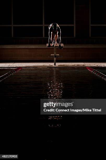 swimmer poised to dive into pool - diving platform pool stock pictures, royalty-free photos & images