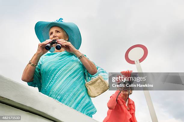 senior women at races looking through binoculars - derby day stockfoto's en -beelden