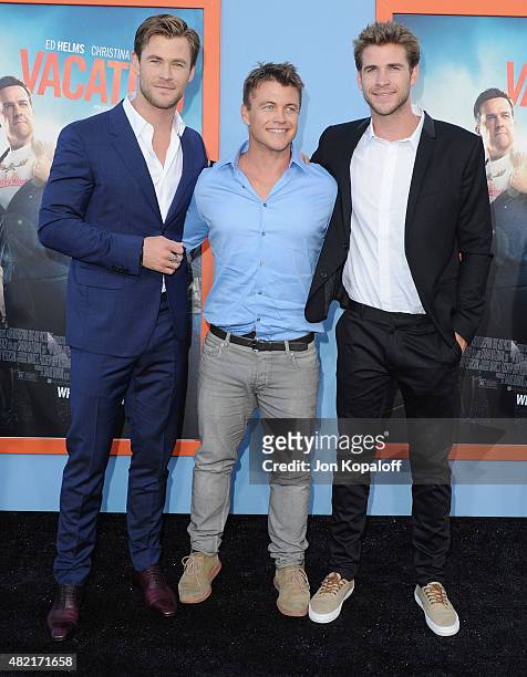 Actor Chris Hemsworth, Luke Hemsworth and Liam Hemsworth arrive at the Los Angeles Premiere "Vacation" at Regency Village Theatre on July 27, 2015 in...