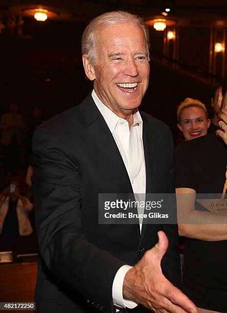 Vice President of the United States Joe Biden visits the cast of the hit new musical "Hamilton" on Broadway at The Richard Rogers Theater on July 27,...