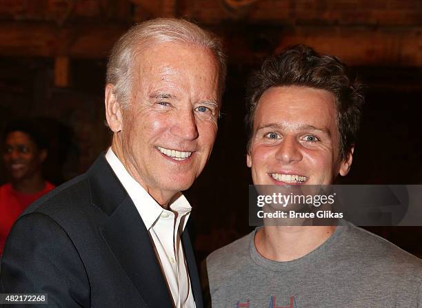 Vice President of the United States Joe Biden and Jonathan Groff pose backstage at the hit new musical "Hamilton" on Broadway at The Richard Rogers...