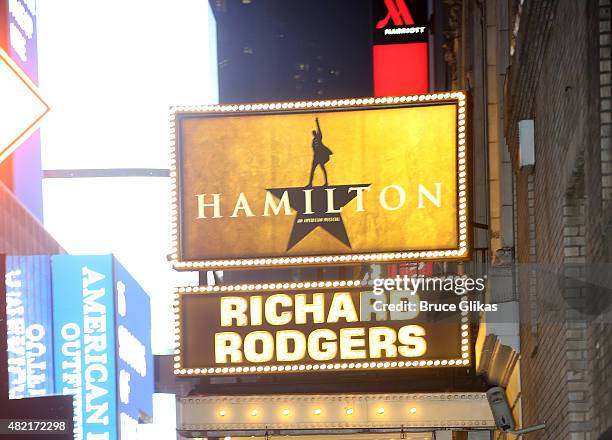 Signage at the hit new musical "Hamilton" on Broadway at The Richard Rogers Theater on July 27, 2015 in New York City.