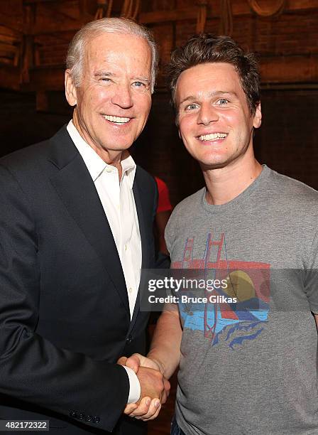 Vice President of the United States Joe Biden and Jonathan Groff pose backstage at the hit new musical "Hamilton" on Broadway at The Richard Rogers...