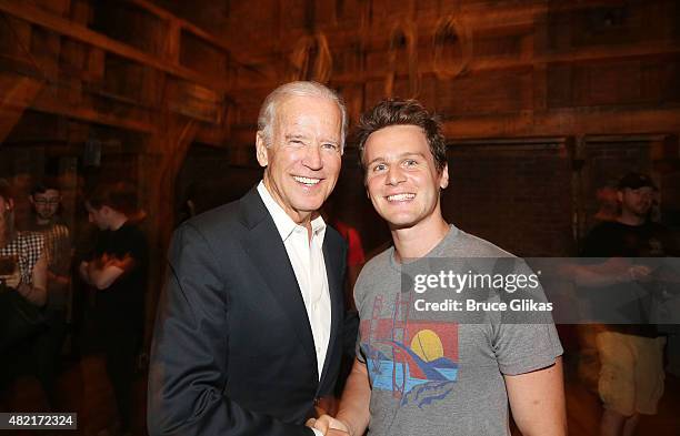 Vice President of the United States Joe Biden and Jonathan Groff pose backstage at the hit new musical "Hamilton" on Broadway at The Richard Rogers...