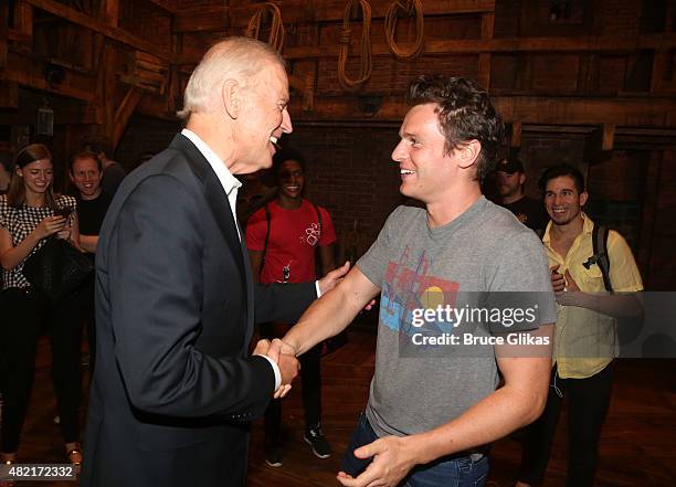 Vice President of the United States Joe Biden and Jonathan Groff pose backstage at the hit new musical "Hamilton" on Broadway at The Richard Rogers...