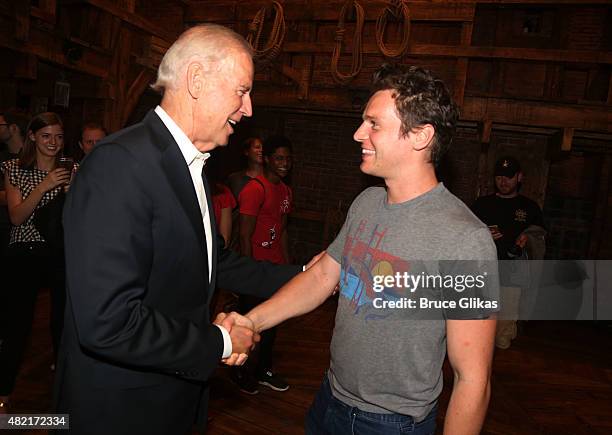 Vice President of the United States Joe Biden and Jonathan Groff pose backstage at the hit new musical "Hamilton" on Broadway at The Richard Rogers...