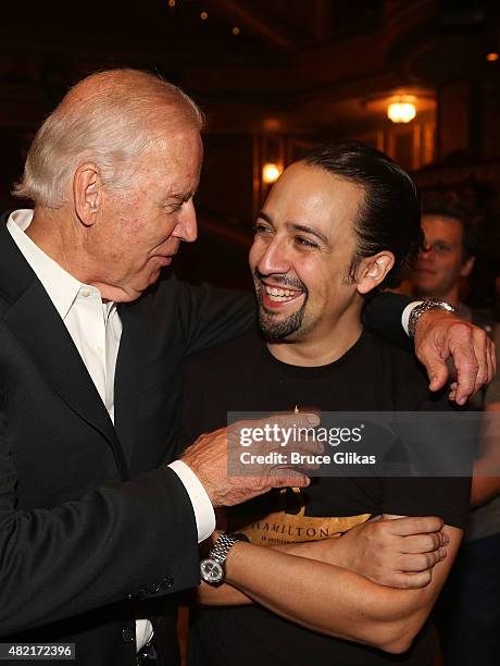 Vice President of the United States Joe Biden and Composer/Star of "Hamilton" Lin-Manuel Miranda pose backstage at the hit new musical "Hamilton" on...