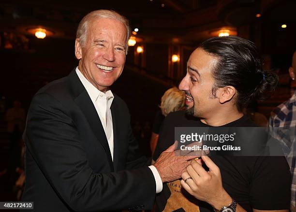 Vice President of the United States Joe Biden and Composer/Star of "Hamilton" Lin-Manuel Miranda pose backstage at the hit new musical "Hamilton" on...