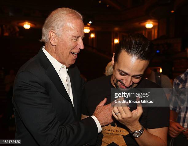 Vice President of the United States Joe Biden and Composer/Star of "Hamilton" Lin-Manuel Miranda pose backstage at the hit new musical "Hamilton" on...