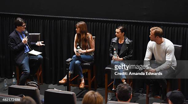 Los Angeles Times writer Mark Olsen, director Marielle Heller, actress Bel Powley and actor Alexander Skarsgard attend the Los Angeles Times Indie...