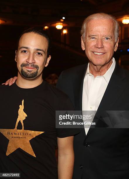Composer/Star of "Hamilton" Lin-Manuel Miranda and Vice President of the United States Joe Biden pose backstage at the hit new musical "Hamilton" on...
