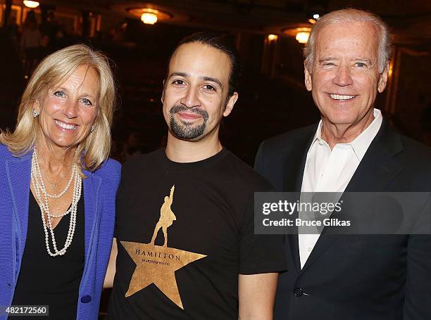 Jill Biden, Composer/Star of "Hamilton" Lin-Manuel Miranda and Vice President of the United States Joe Biden pose backstage at the hit new musical...