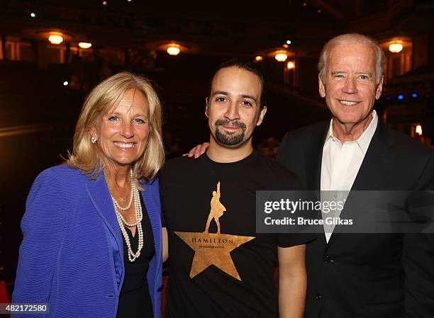 Jill Biden, Composer/Star of "Hamilton" Lin-Manuel Miranda and Vice President of the United States Joe Biden pose backstage at the hit new musical...