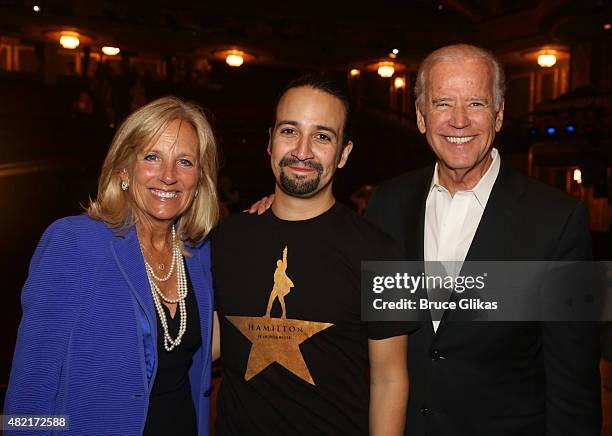 Jill Biden, Composer/Star of "Hamilton" Lin-Manuel Miranda and Vice President of the United States Joe Biden pose backstage at the hit new musical...