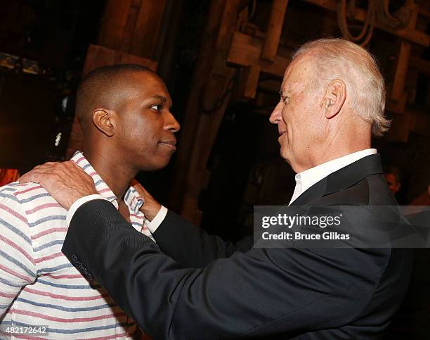 Leslie Odom Jr and Vice President of the United States Joe Biden pose backstage at the hit new musical "Hamilton" on Broadway at The Richard Rogers...