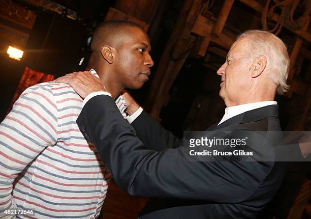 Leslie Odom Jr and Vice President of the United States Joe Biden pose backstage at the hit new musical "Hamilton" on Broadway at The Richard Rogers...