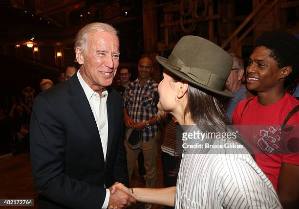 Vice President of the United States Joe Biden and Phillipa Soo backstage at the hit new musical "Hamilton" on Broadway at The Richard Rogers Theater...