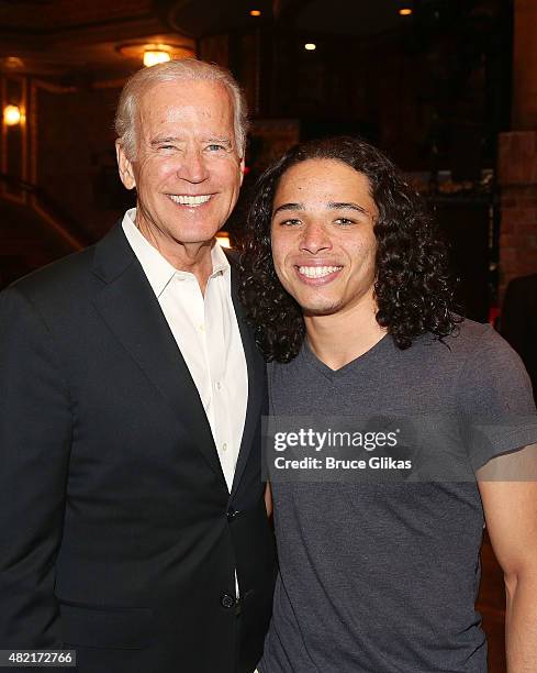 Vice President of the United States Joe Biden and Anthony Ramos pose backstage at the hit new musical "Hamilton" on Broadway at The Richard Rogers...