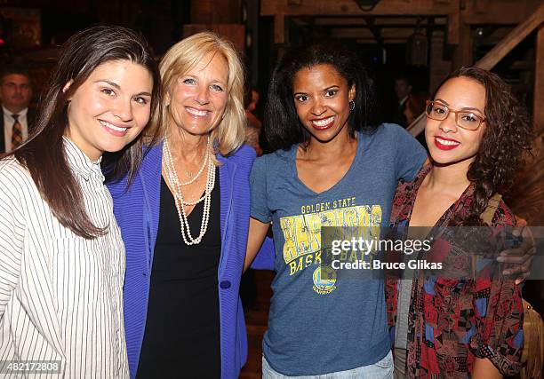 Phillipa Soo, Jill Biden,Renee Elise Goldsberry and Jasmine Cephas Jones pose backstage at the hit new musical "Hamilton" on Broadway at The Richard...