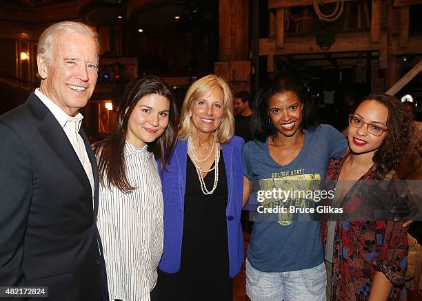 Vice President of the United States Joe Biden, Phillipa Soo, Jill Biden,Renee Elise Goldsberry and Jasmine Cephas Jones pose backstage at the hit new...