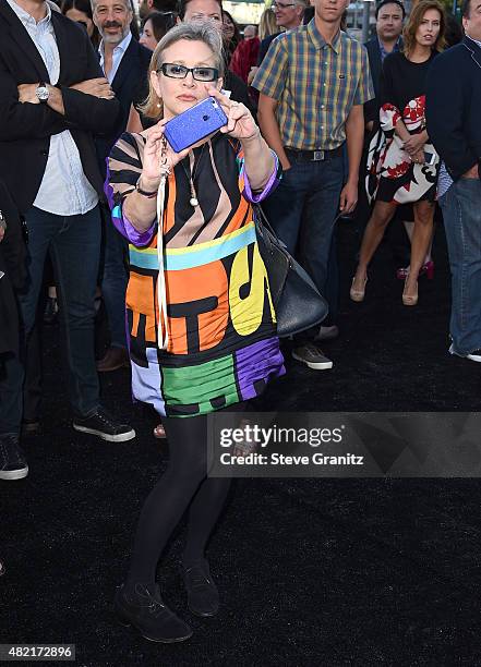 Carrie Fisher arrives at the Premiere Of Warner Bros. "Vacation" at Regency Village Theatre on July 27, 2015 in Westwood, California.