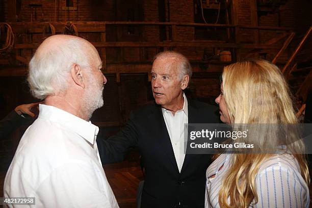 James Burrows, Vice President of the United States Joe Biden and Debbie Easton pose backstage at the hit new musical "Hamilton" on Broadway at The...